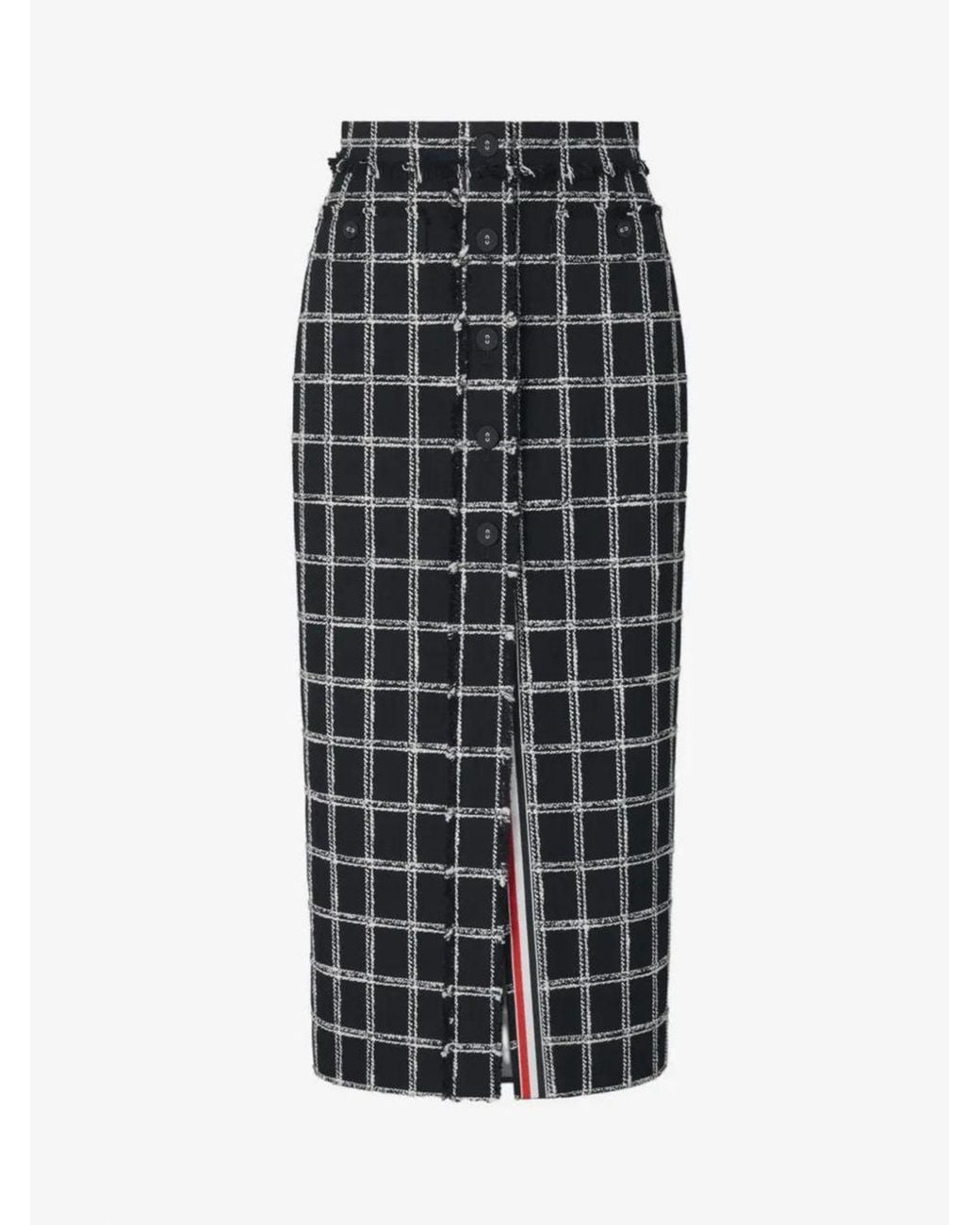 Thom Browne Black High-Waisted Check Cotton Blend Midi Pencil Skirt