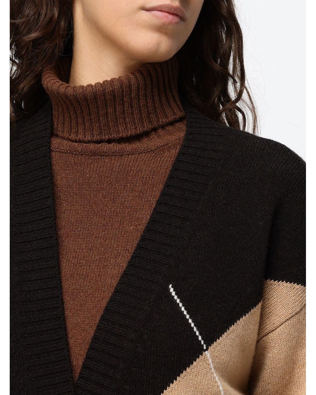 Kangra Black Wool Cardigan With A V-Neck And An Argyle Pattern