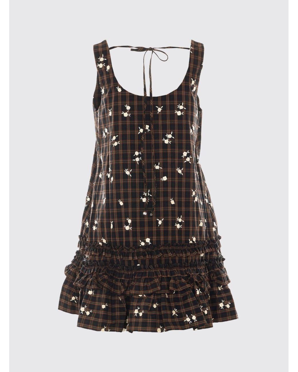 Ganni Brown Check A-Line Organic Cotton Mini Dress With Square Neckline