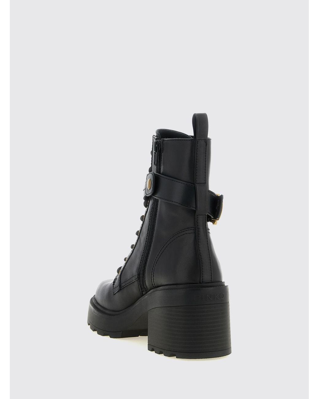 Pinko Black Altea Leather Combat Boots With Lug Sole And Medium Heel