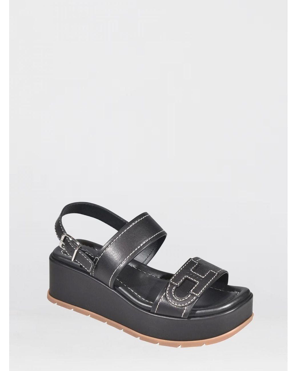Hogan Black H703 Leather Wedge Sandals With Embroidered H Logo