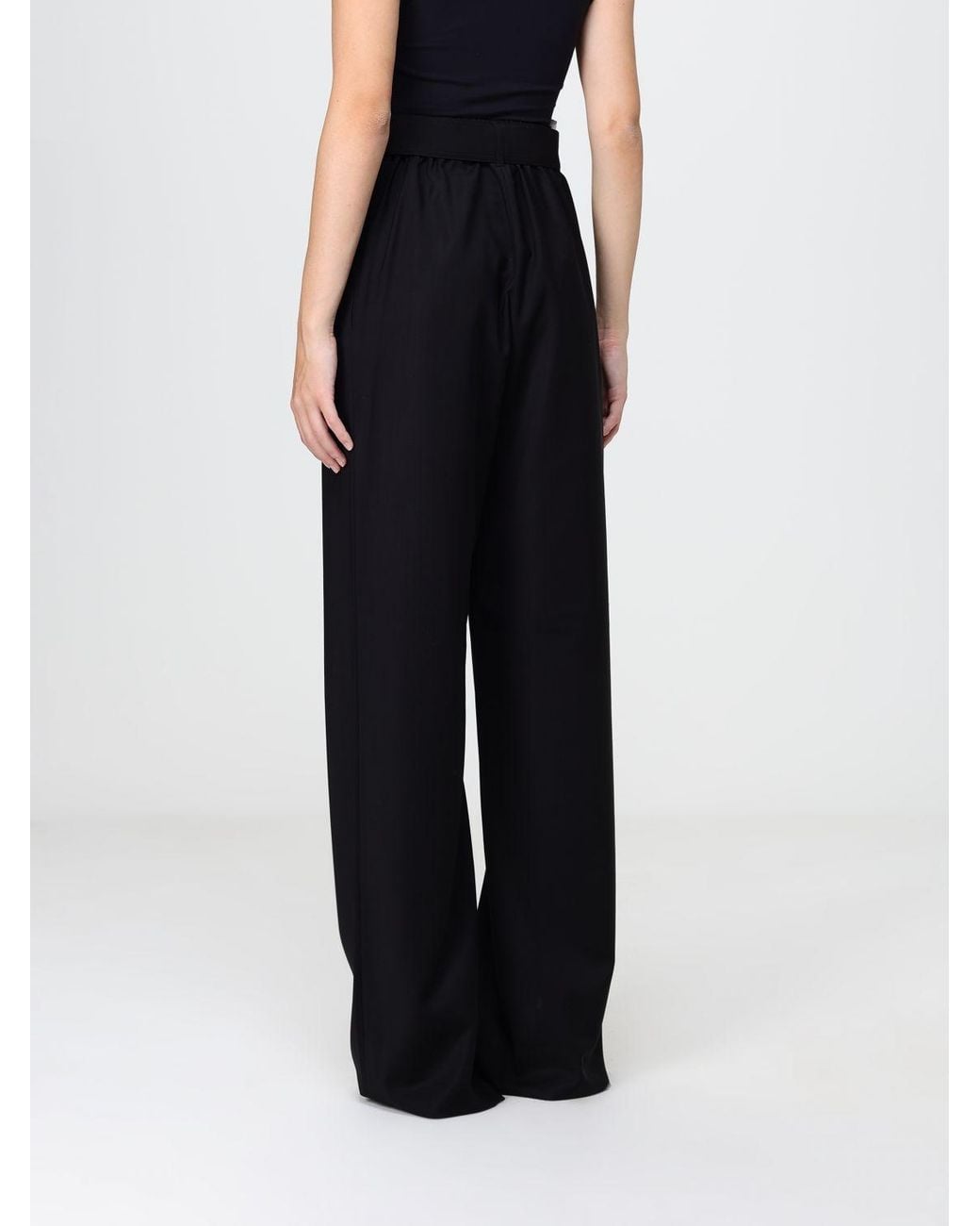 Max Mara Black Wide Leg Virgin Wool Trousers With Tie Belt