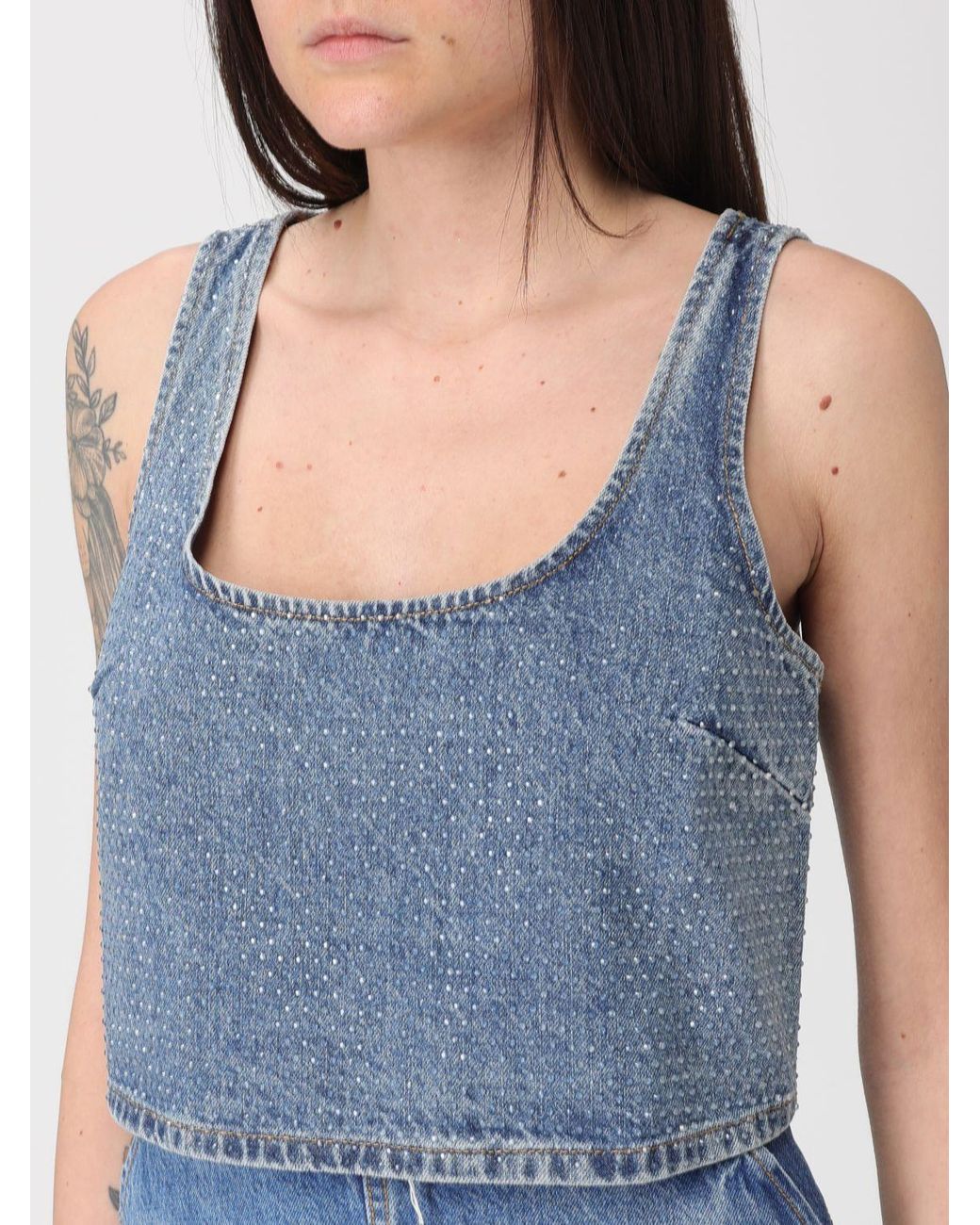 Self-Portrait Blue Cotton Denim Cropped Top With Rhinestones