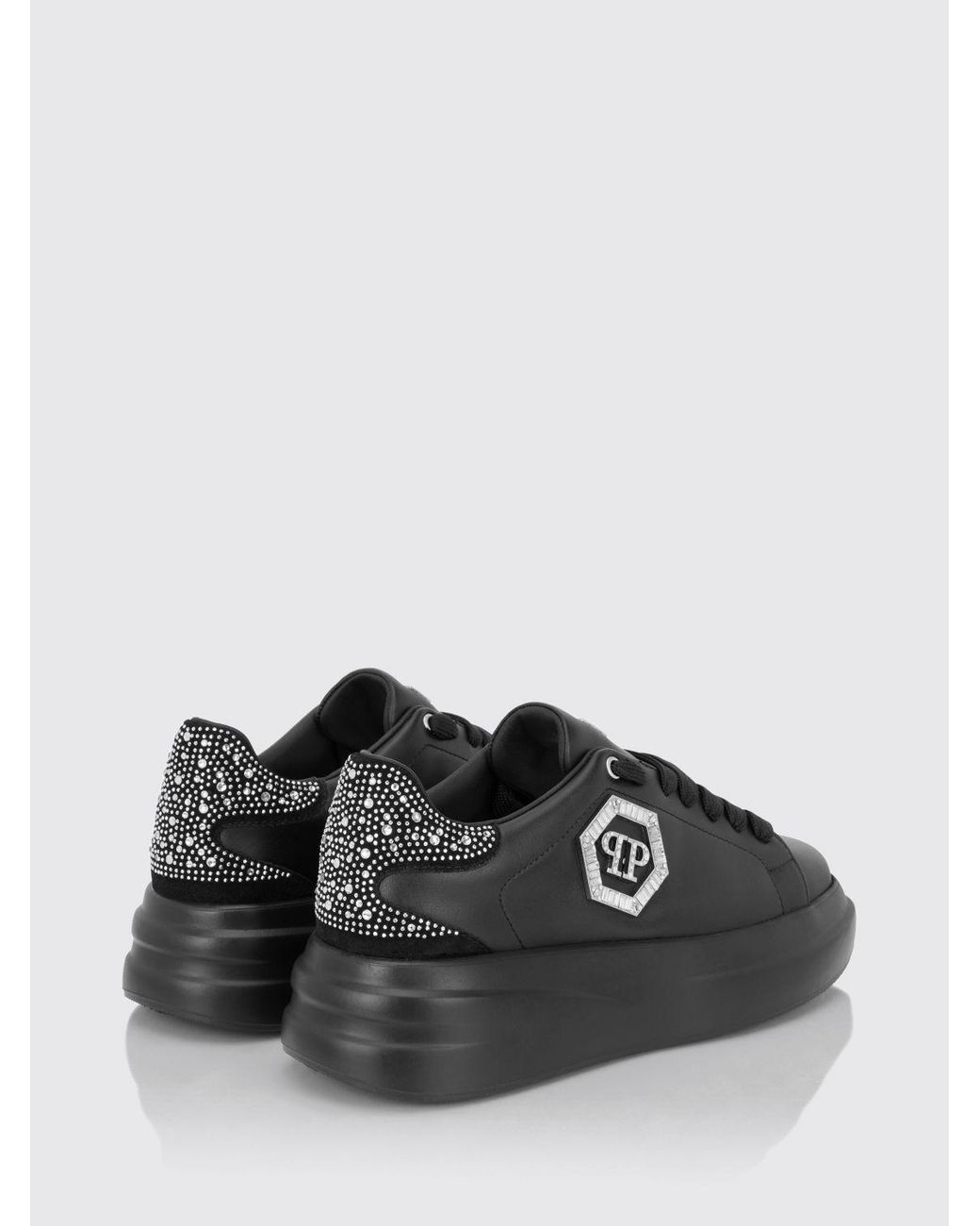 Philipp Plein Black Leather Chunky Sneakers With Hexagon Logo And Rhinestones
