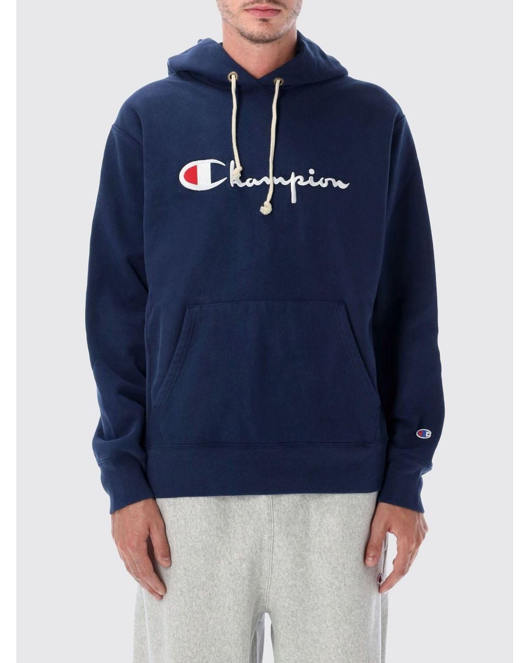 Champion Blue Oversized Cotton Hoodie With Contrast Logo for men