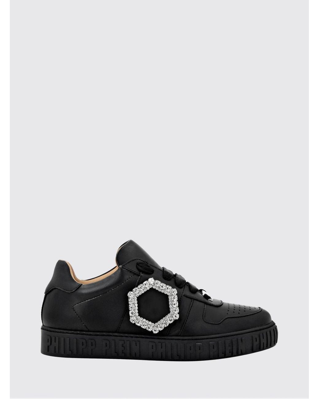 Philipp Plein Black Smooth Leather Low-Top Trainers With Jewelled Buckle