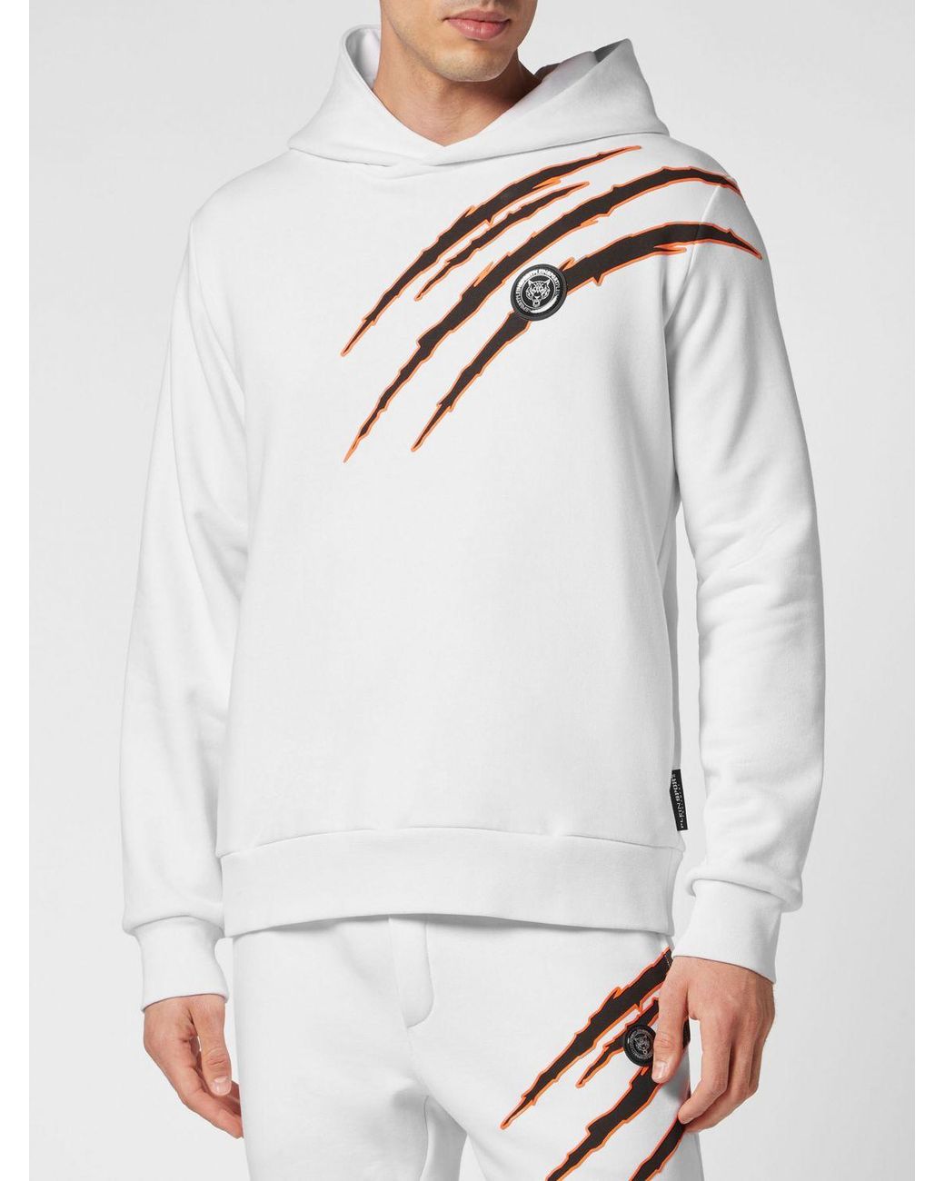 Philipp Plein White Cotton Hoodie With Graphic Print And Hexagon Logo for men