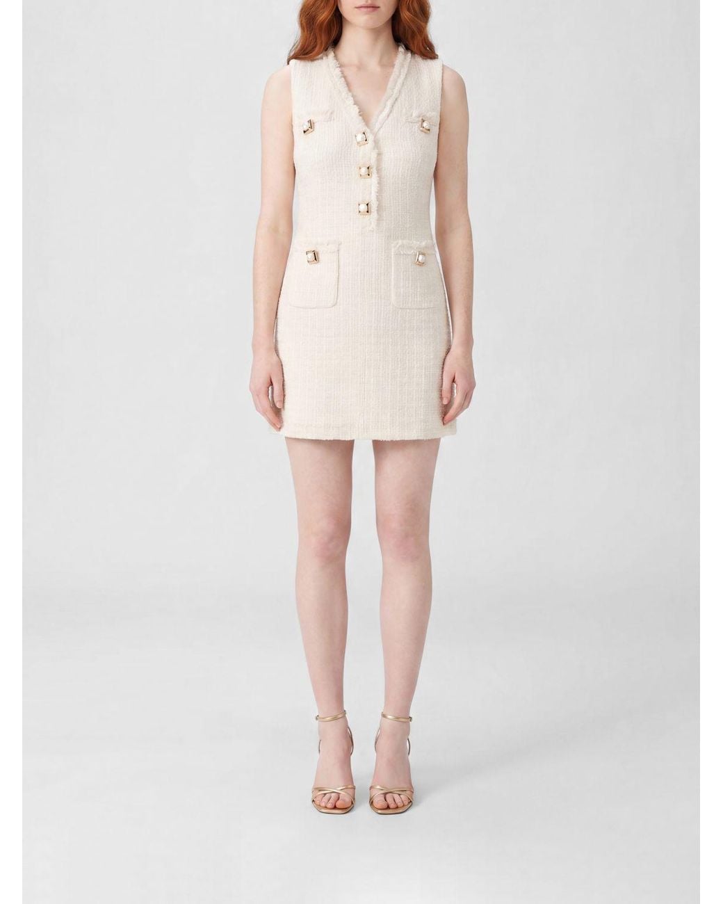 Self-Portrait White Off-The-Shoulder V-Neck Tweed Midi Cocktail Dress