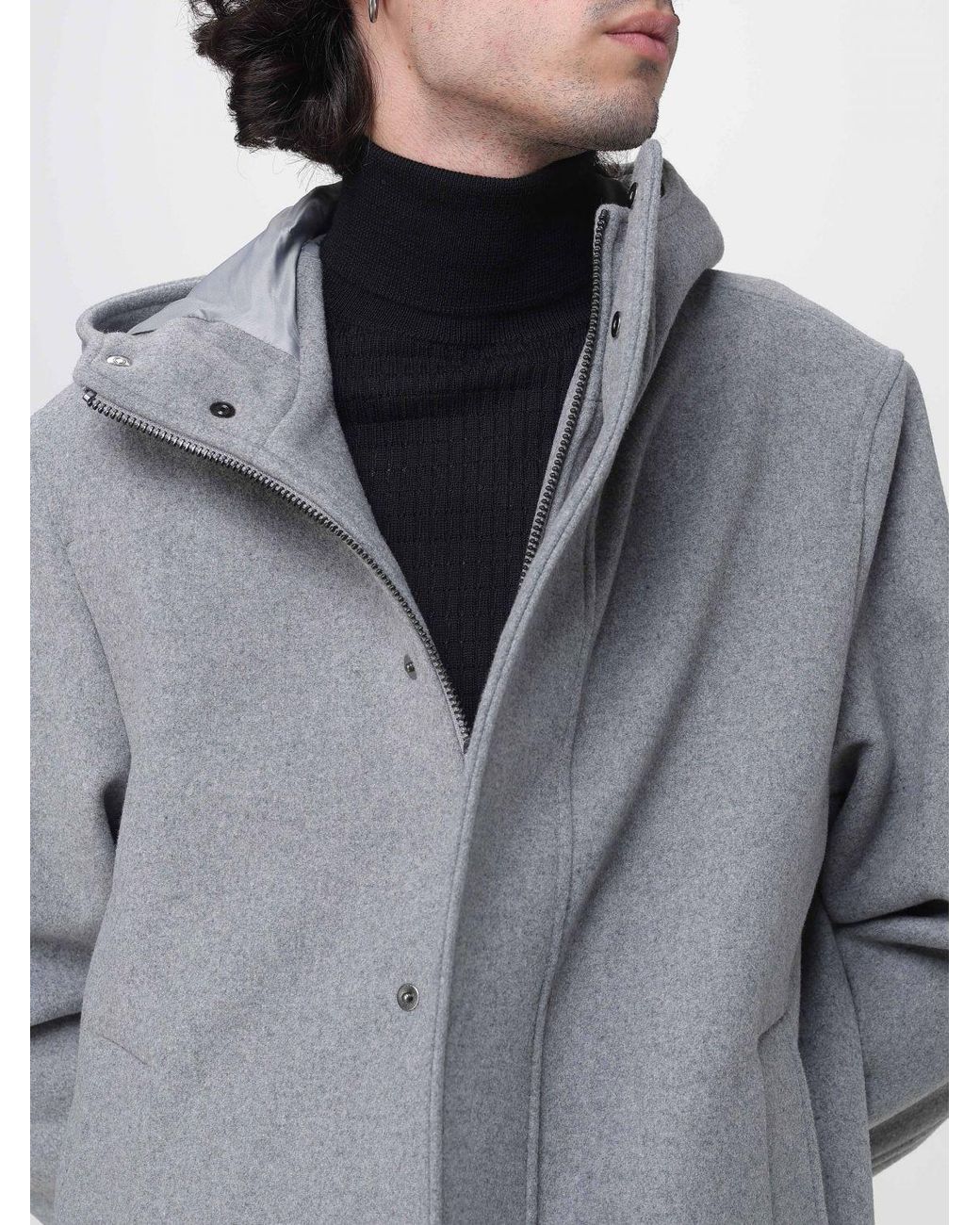 Manuel Ritz Gray Single-Breasted Wool Coat With Hood And Concealed Fastening for men