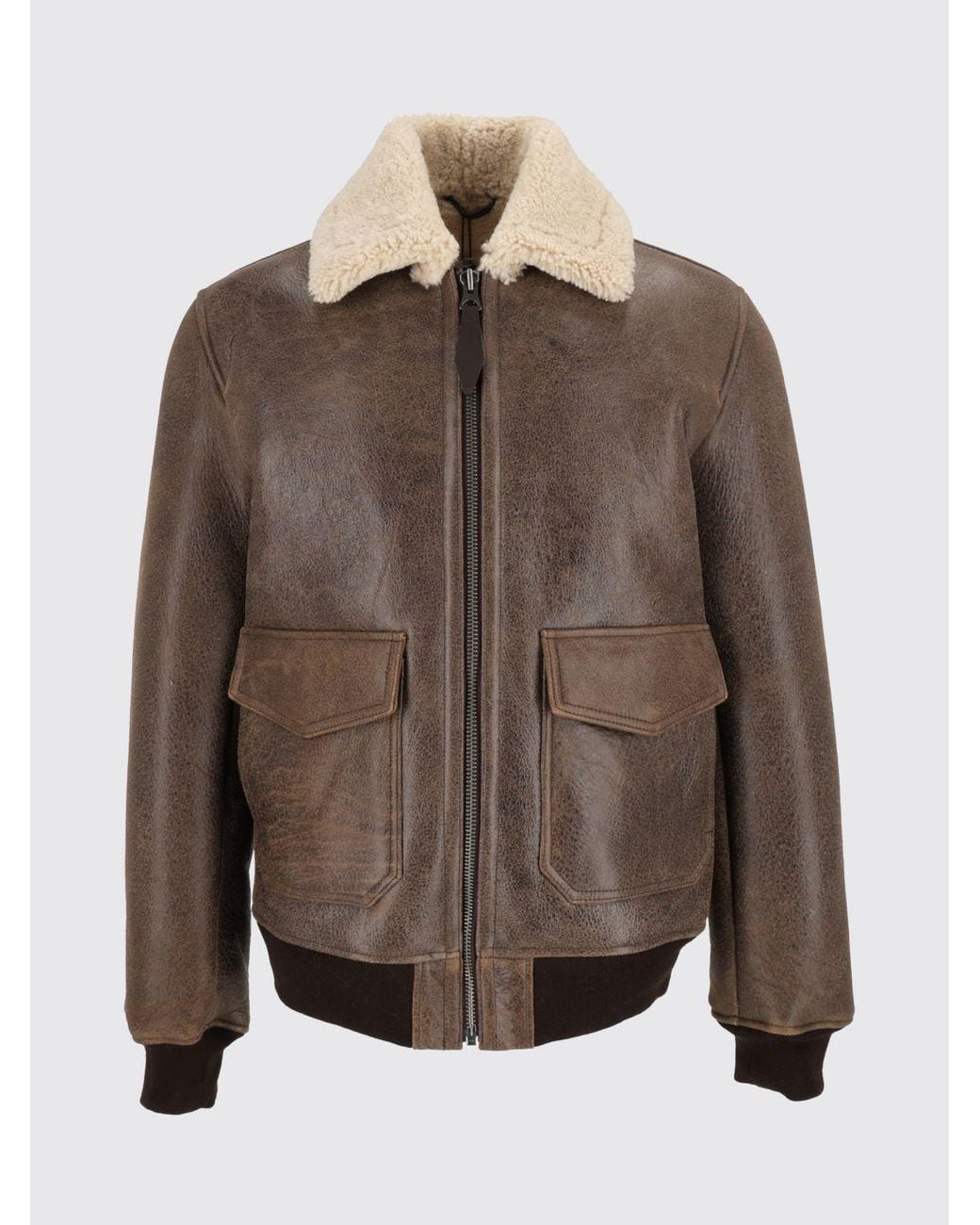 Schott Nyc Brown Leather Jacket With Fur Collar And Elasticated Trims for men