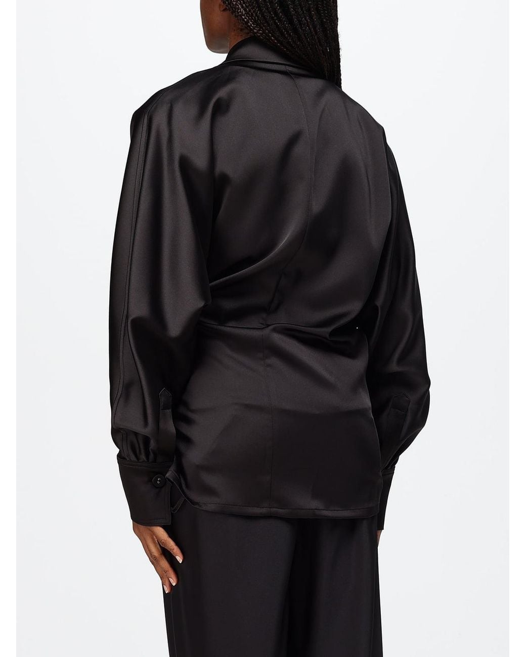 MEIMEIJ Black Satin Wrap Shirt With Dropped Shoulders