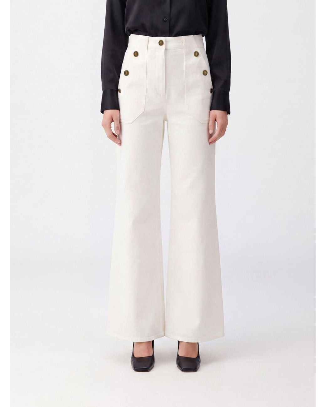 Max Mara White High-Waisted Cotton Flare Trousers With Patch Pockets