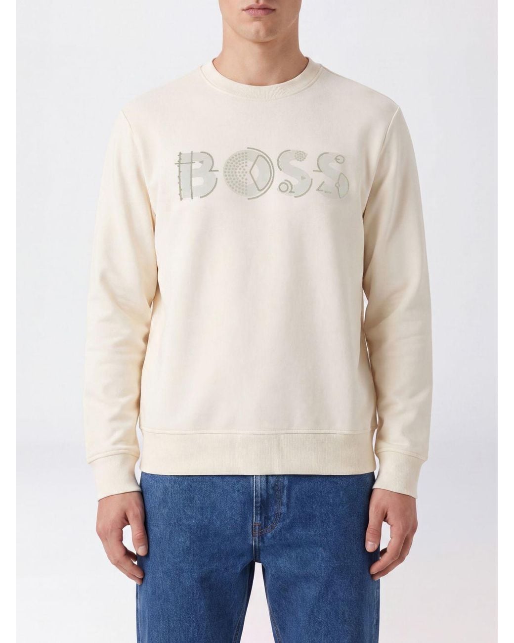 Boss White Printed Logo Cotton Crewneck Sweatshirt With Ribbed Trims for men