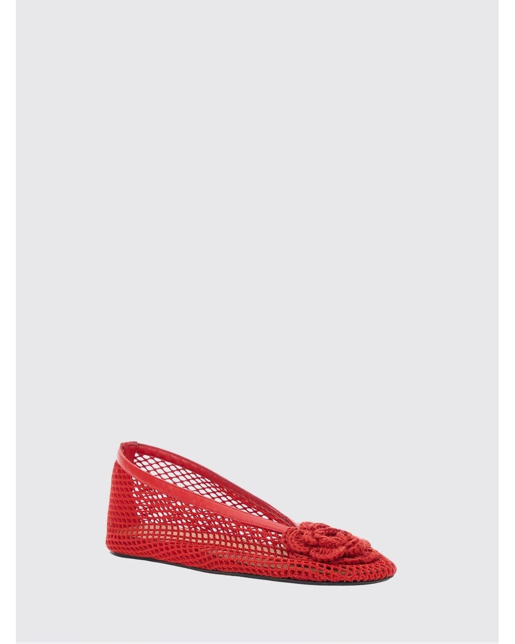 Ganni Red Perforated Cotton Ballet Flats With Floral Appliqué
