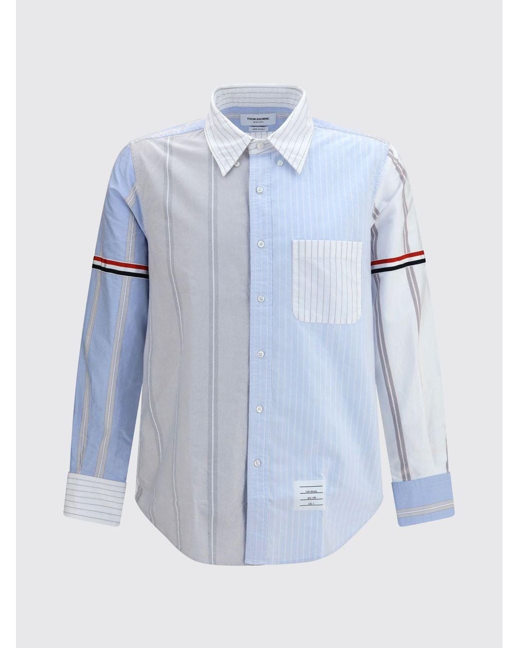 Thom Browne Blue Patchwork Cotton Shirt With Patch Pocket And Flag Logo for men