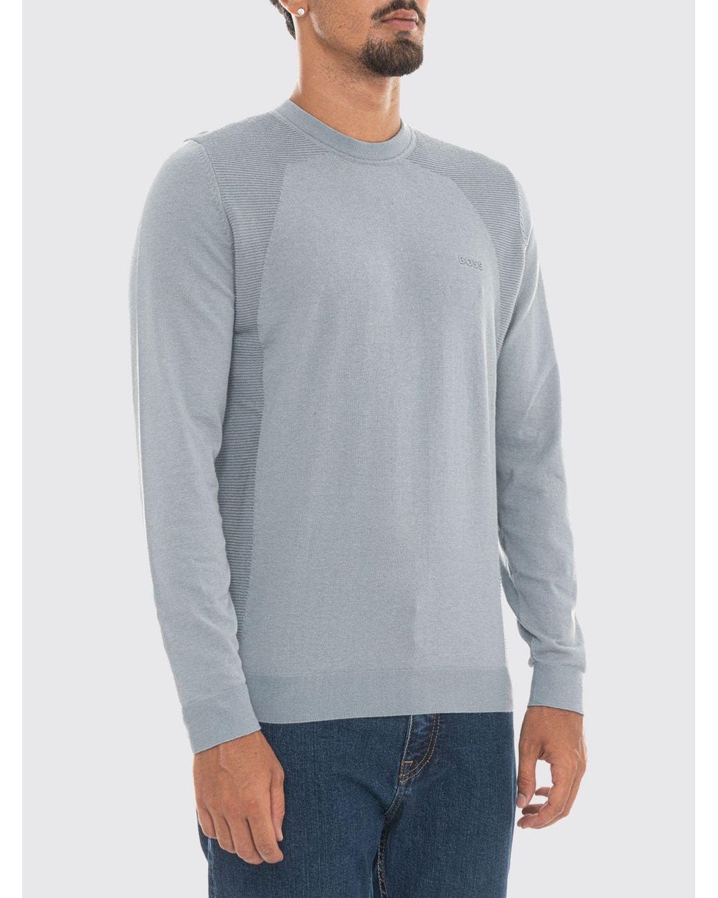 Boss Gray Cotton Blend Crew Neck Jumper With Long Sleeves And Ribbed Trims for men
