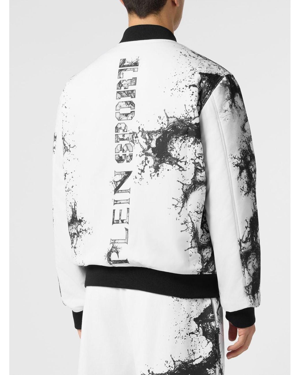 Philipp Plein Gray Splash Abstract Print Technical Fabric Bomber Jacket With Contrast Logo for men