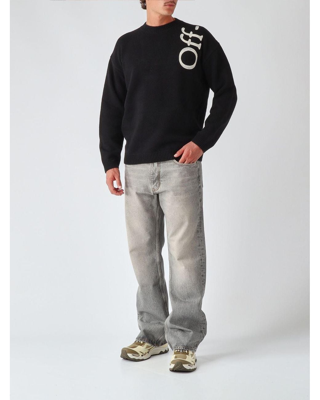 Off-White c/o Virgil Abloh Black Wool Blend Crewneck Jumper With Contrast Logo And Dropped Shoulders for men
