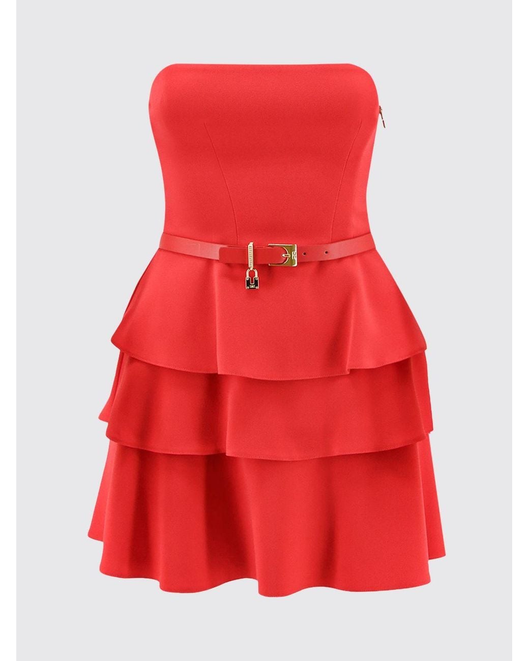 Elisabetta Franchi Red Off-The-Shoulder Jersey Mini Sheath Dress With Ruffles
