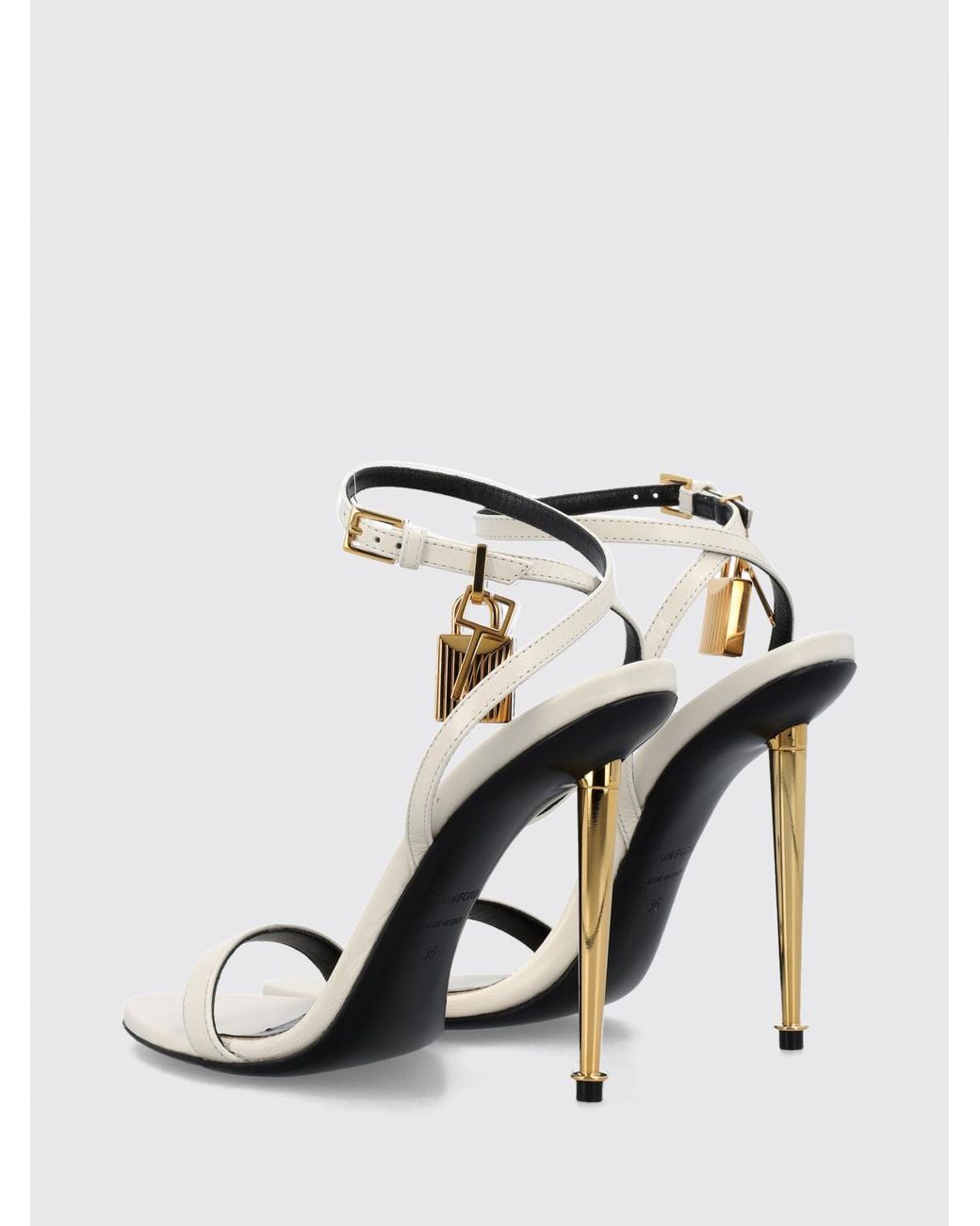 Tom Ford White Padlock Leather Sandals With Stiletto Heel And Ankle Strap