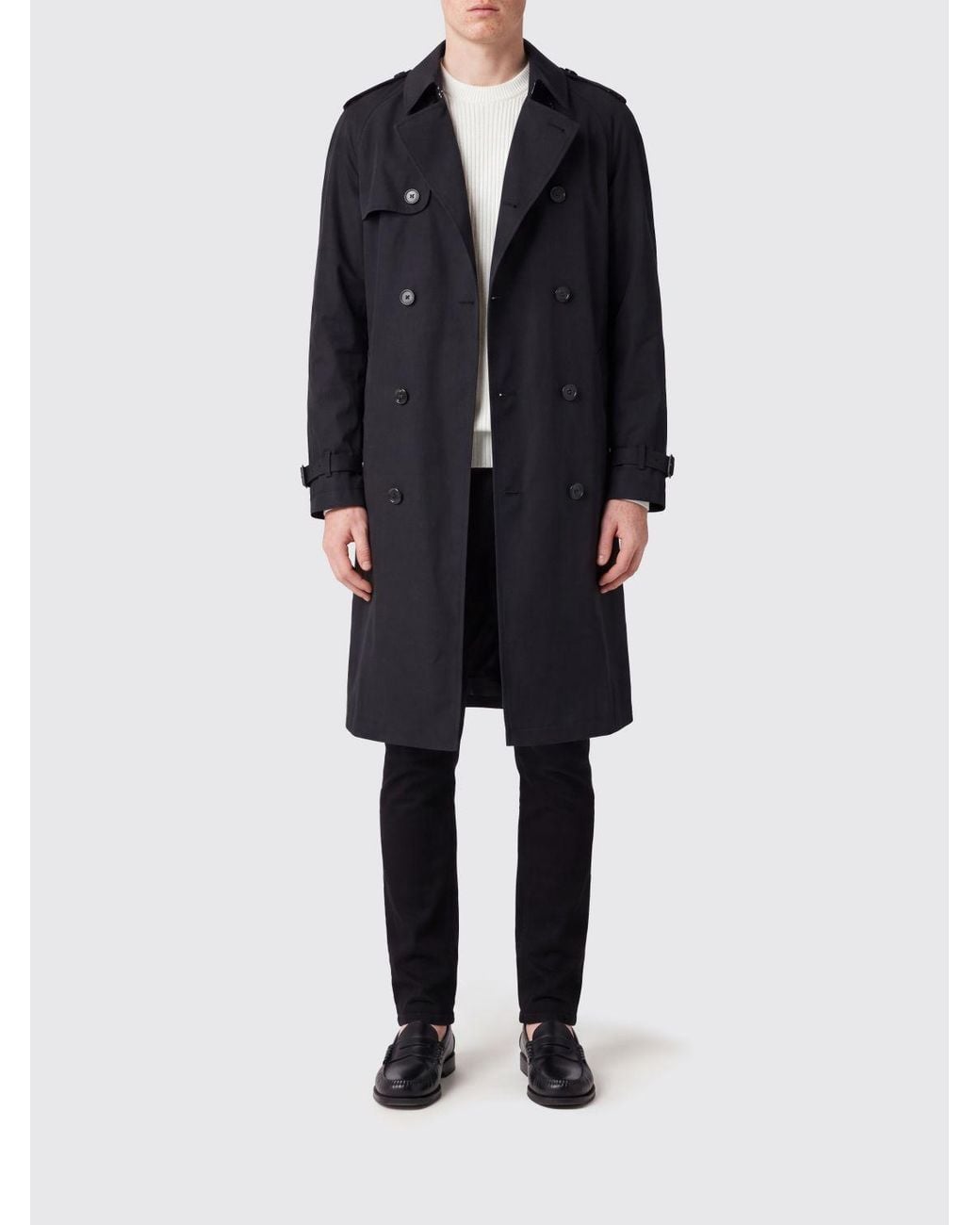 Boss Blue Double-Breasted Cotton Knee-Length Trench Coat With Belt And Epaulettes for men