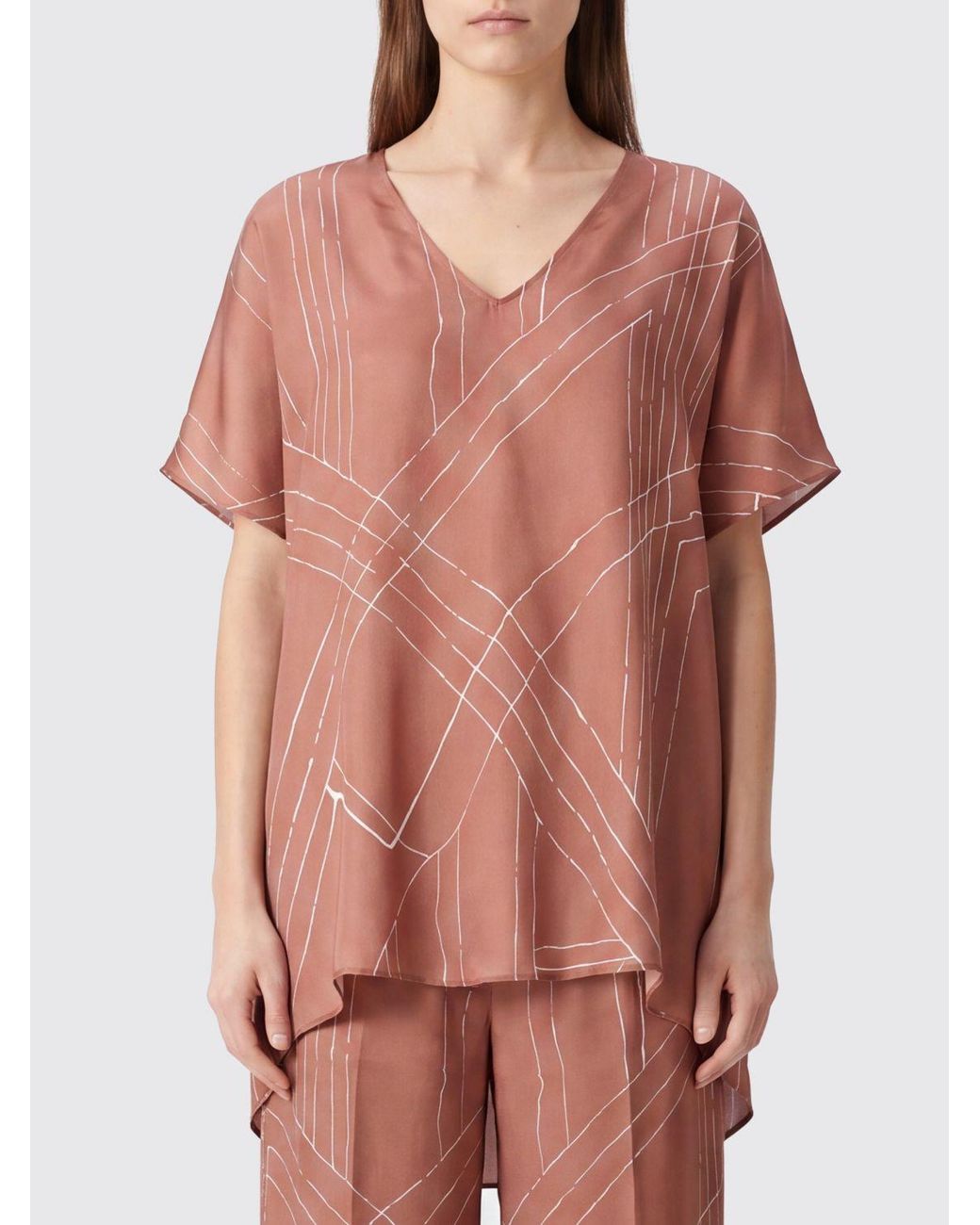 Alysi Natural Graphic Print Pure Silk V-Neck Blouse