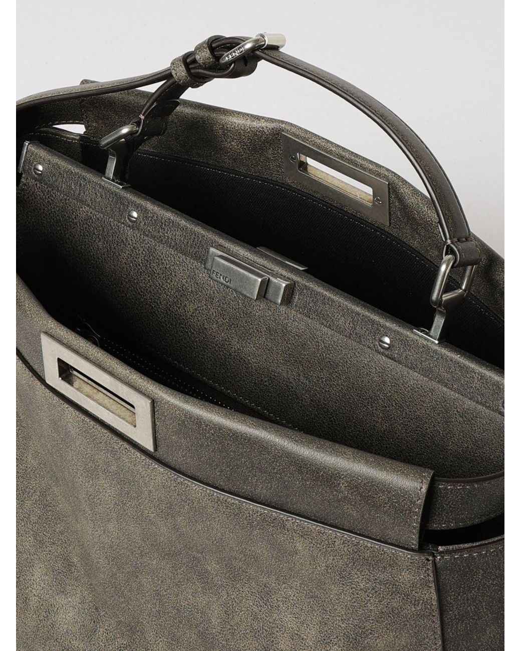 Fendi Gray My Peekaboo Calfskin Leather Shoulder Bag With Twist-Lock Closure