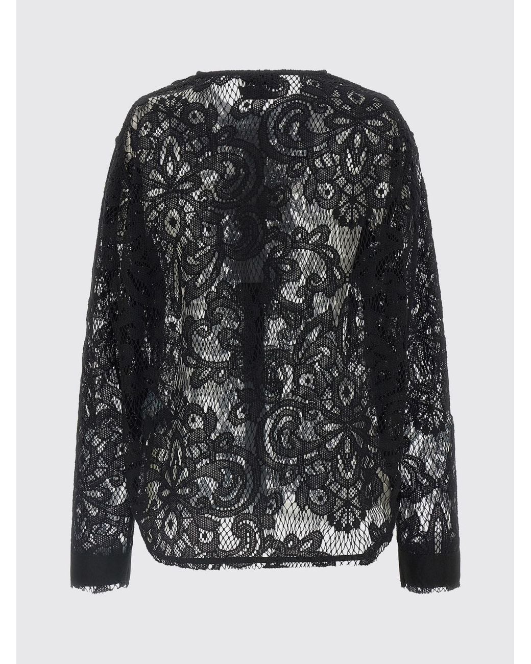 Nude Blue Long-Sleeved Embroidered Lace Blouse With Ruffles And Crew Neck