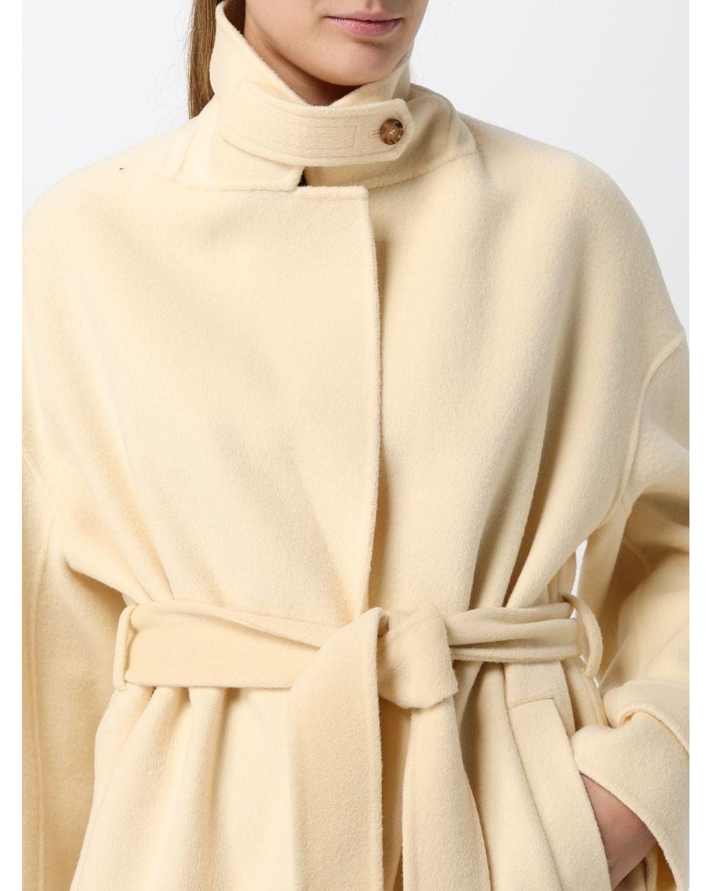 Pinko Natural Long Wool Robe Coat With A Belt And Lapel Collar