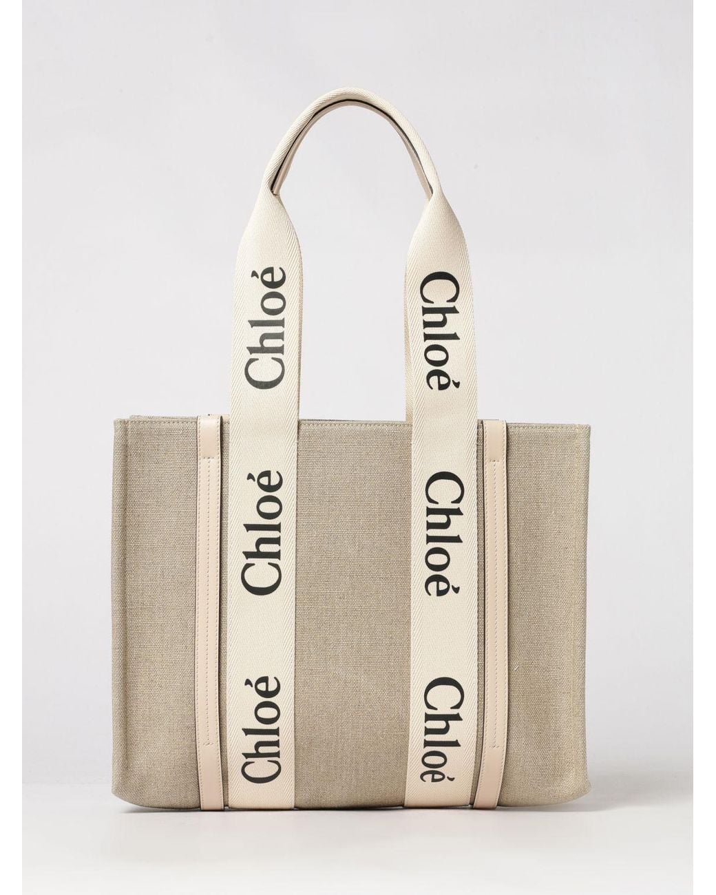 Chloé Natural ChloÉ Woody Linen Tote Bag With Printed Logo And Double Handle