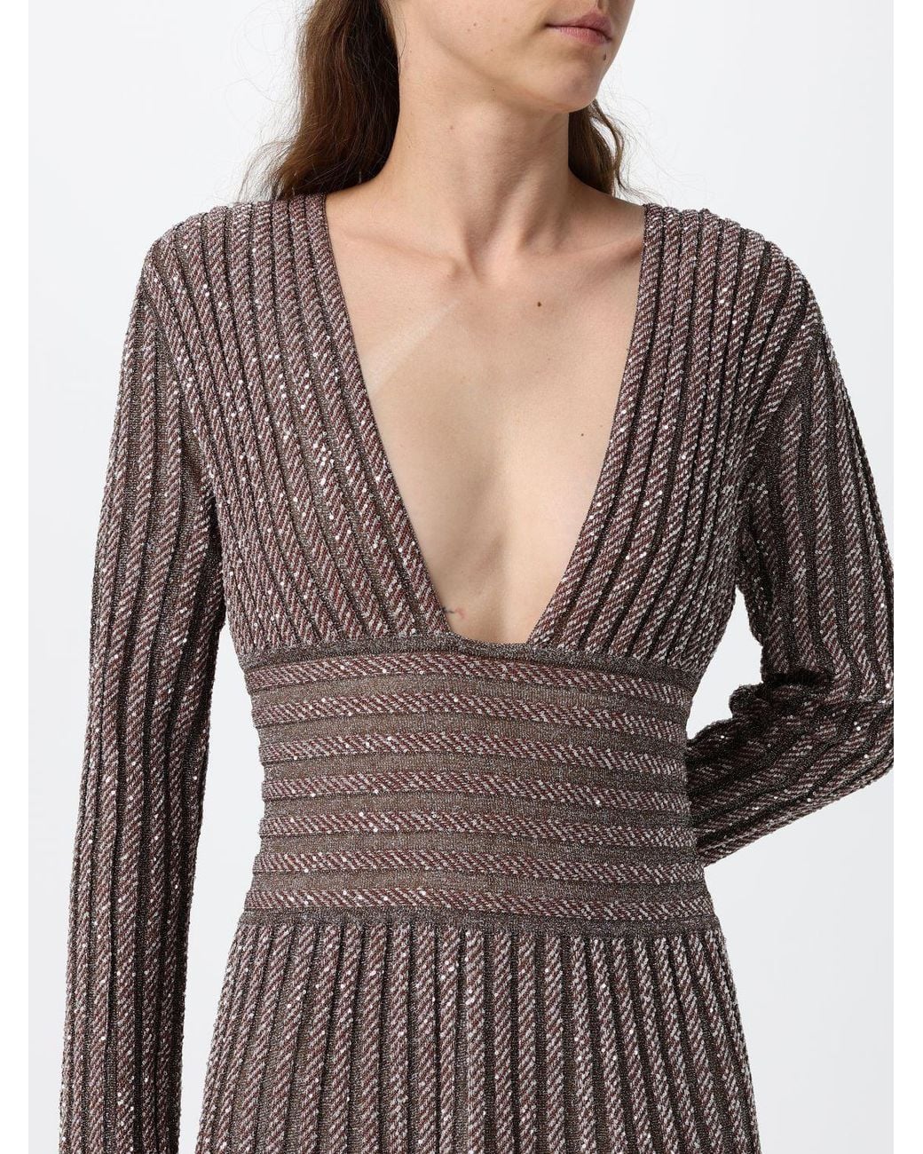 Missoni Brown Pleated Sequin Long Evening Gown With Deep V-Neck