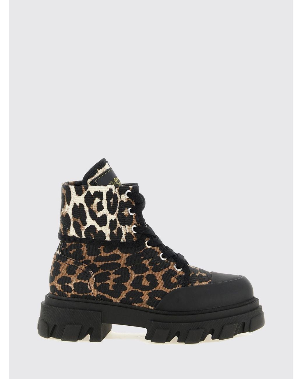 Ganni Black Animalier Print Organic Cotton Lace-Up Combat Boots With Lug Sole