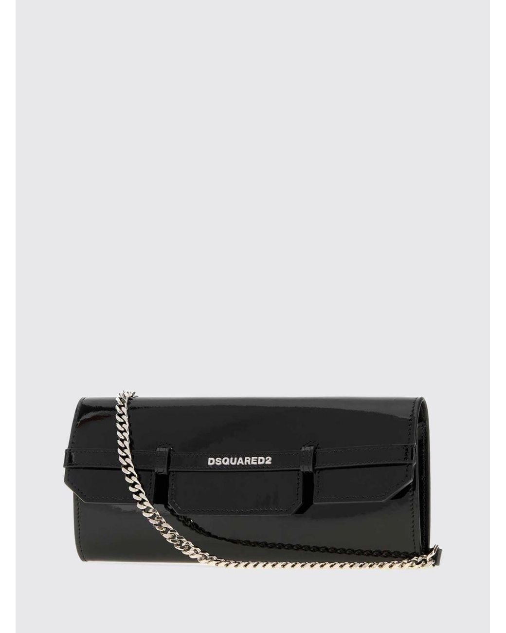 DSquared² Black Patent Leather Clutch With Removable Metal Mesh Shoulder Strap