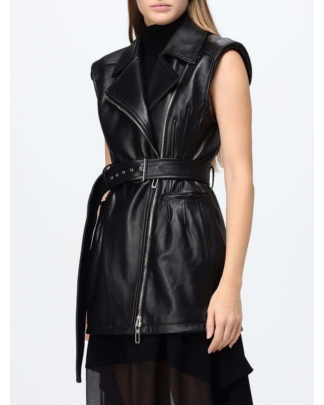 Sportmax Black Cropped Leather Biker Waistcoat With An Adjustable Waist Belt