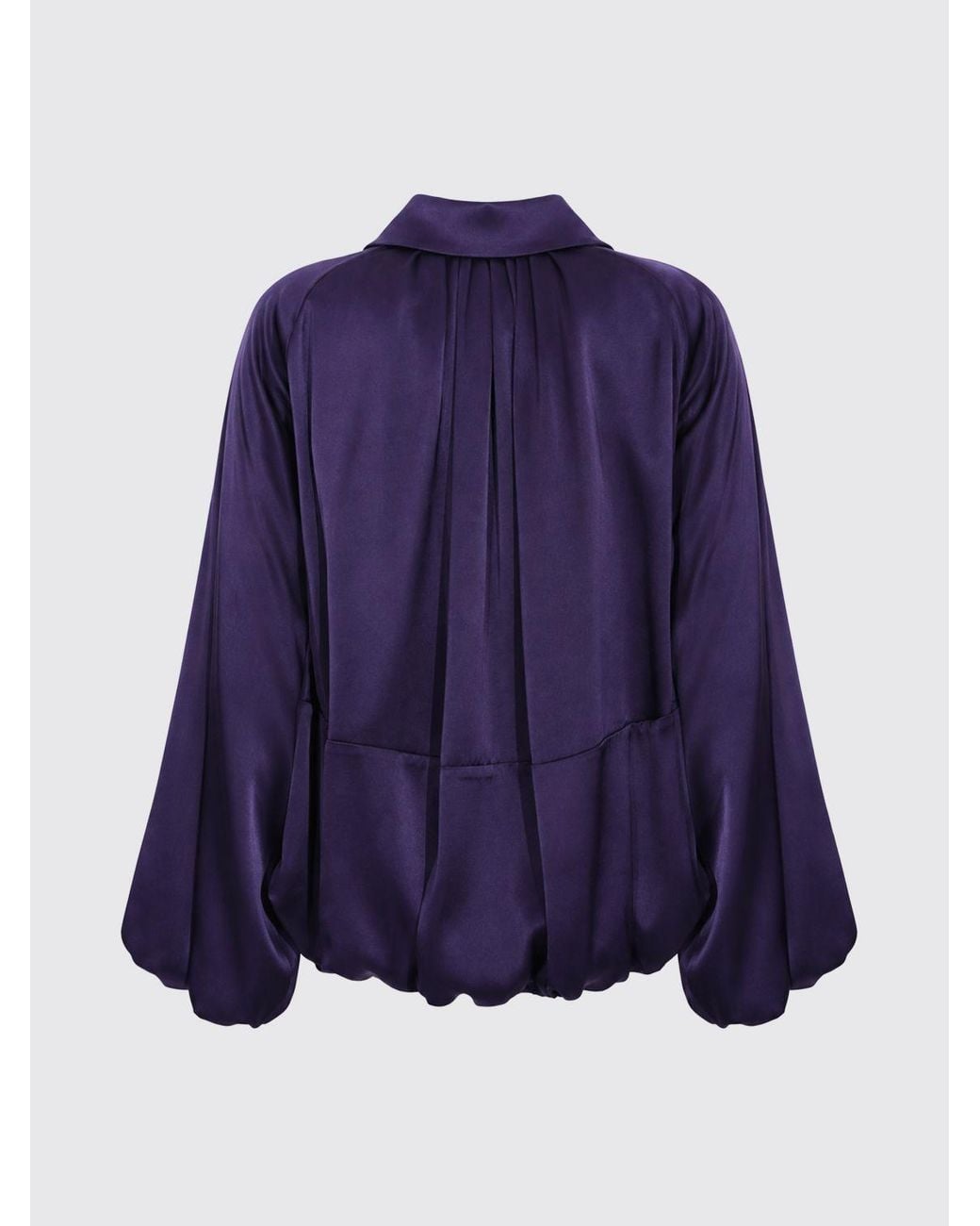 Liviana Conti Purple Cropped Draped Satin Bomber Jacket With Balloon Sleeves