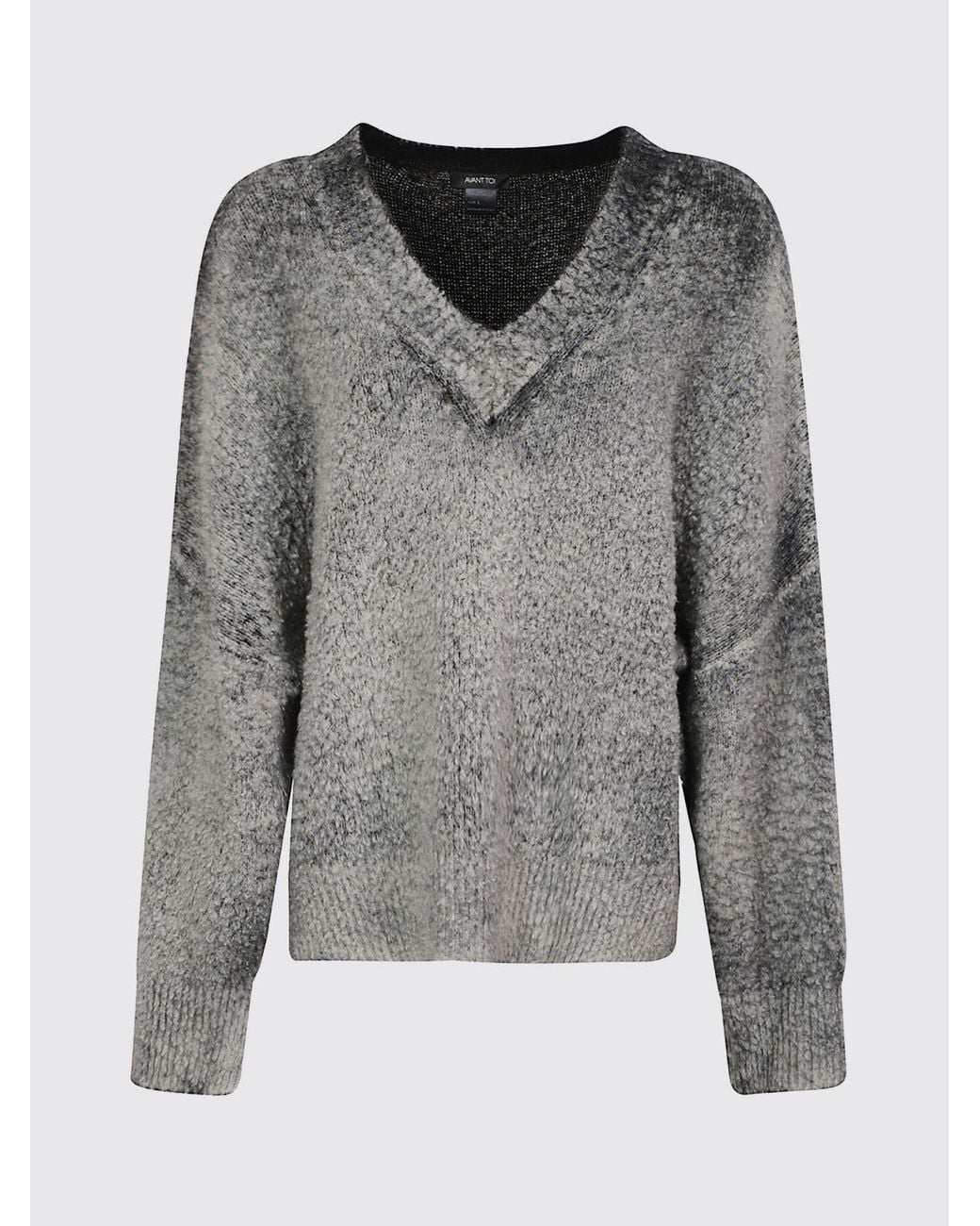 Avant Toi Gray V-Neck Cotton Sweater With Abstract Print And Dropped Shoulders
