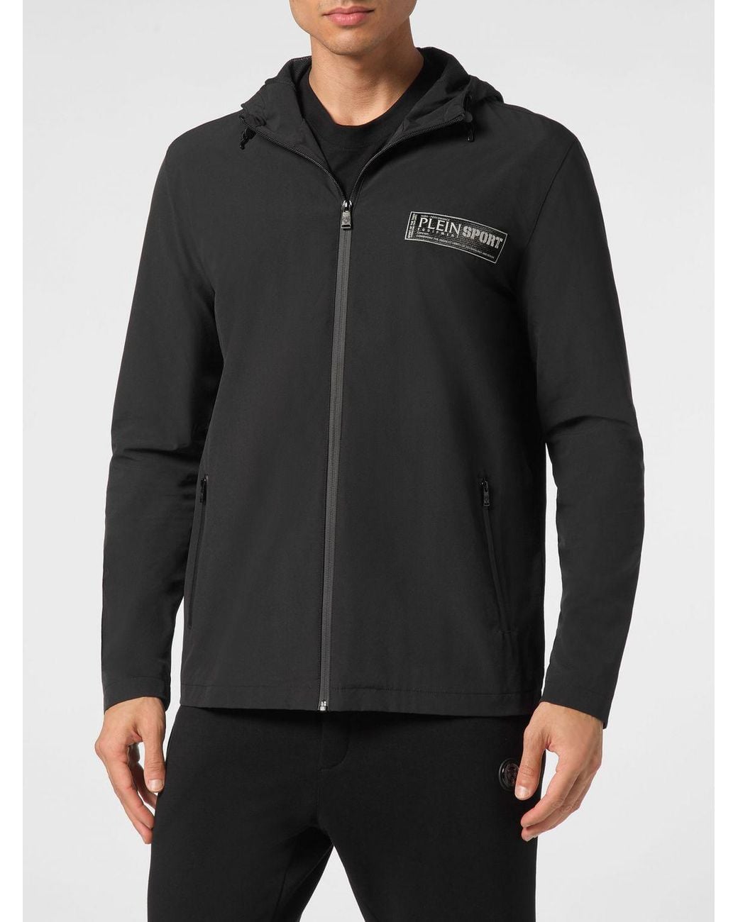 Philipp Plein Black Nylon Windbreaker Jacket With Hood And Zipped Pockets for men