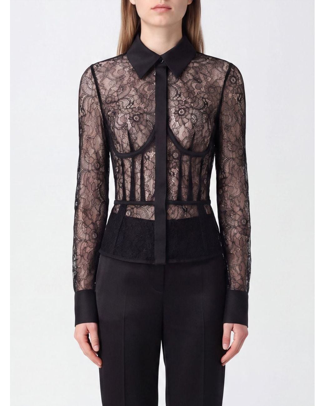 Elisabetta Franchi Black Sheer Lace Corset Shirt With Classic Collar