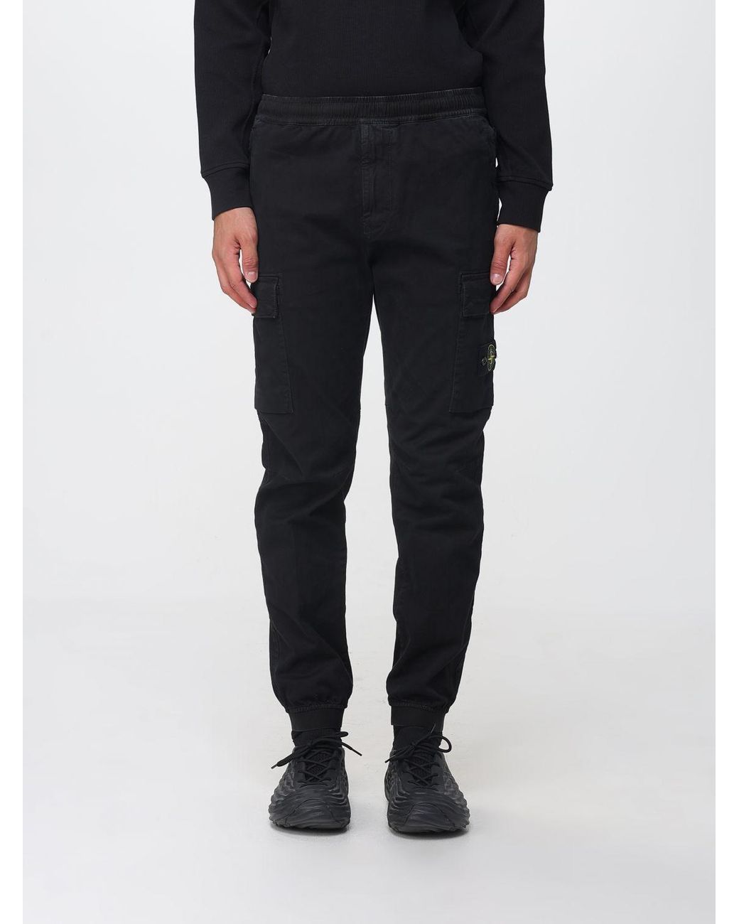 Stone Island Black Slim Fit Stretch Technical Fabric Cargo Trousers With Compass Logo for men