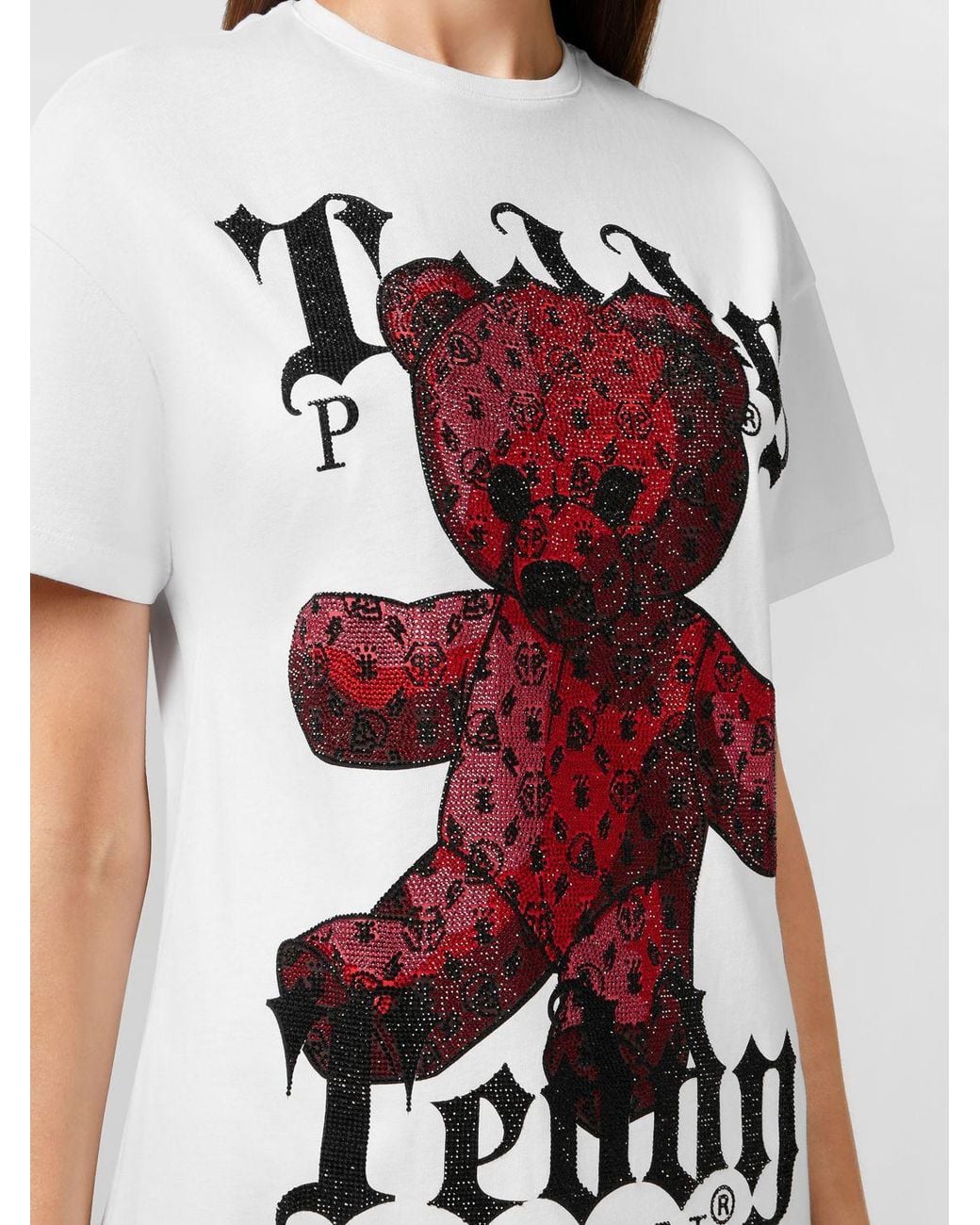 Philipp Plein White Slim Fit Teddy Bear Print T-Shirt Mini Dress With Rhinestones