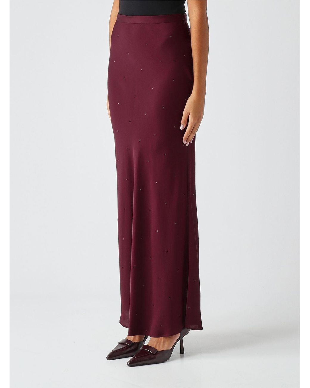Twinset Red Satin Pencil Midi Skirt With Rhinestones