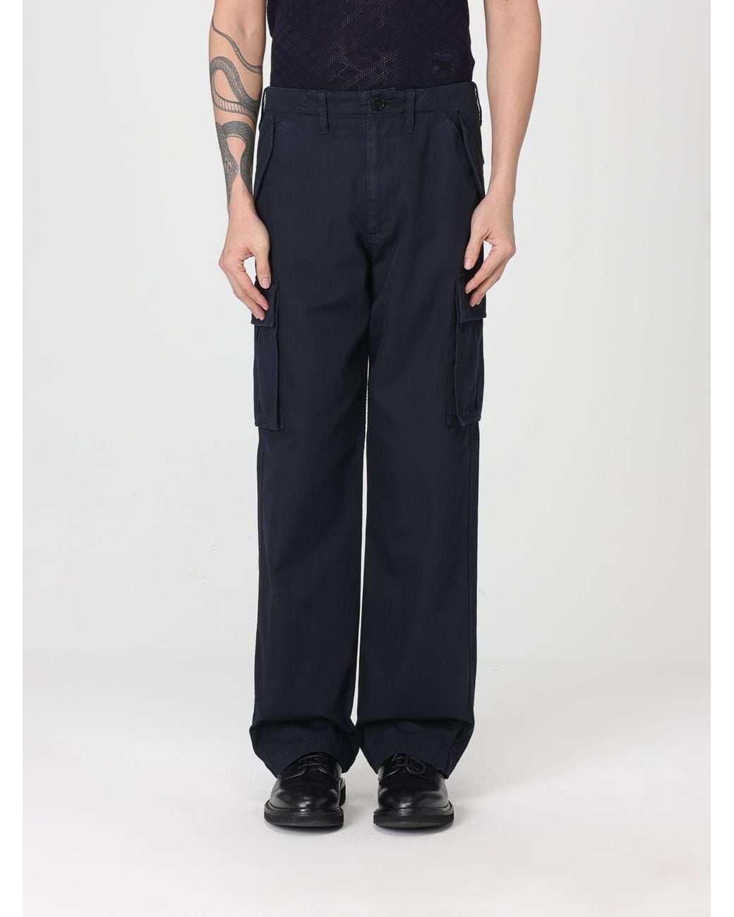 Burberry Blue Cotton Trousers With Check Details for men