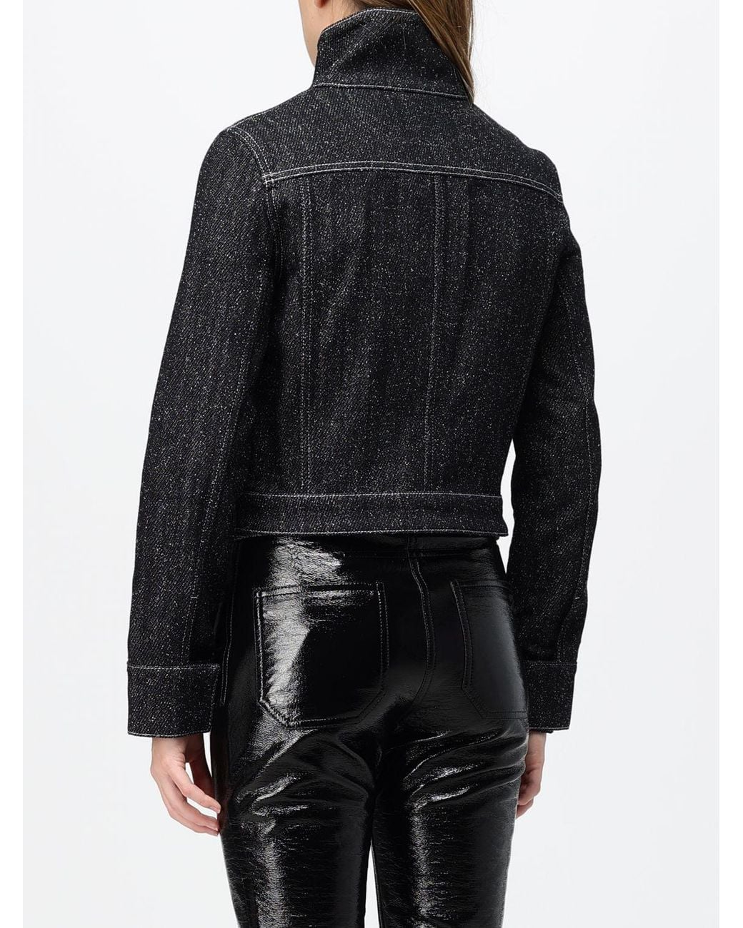Courreges Black CourrÈ Ges Short Denim Jacket With Contrast Logo And Funnel Neck