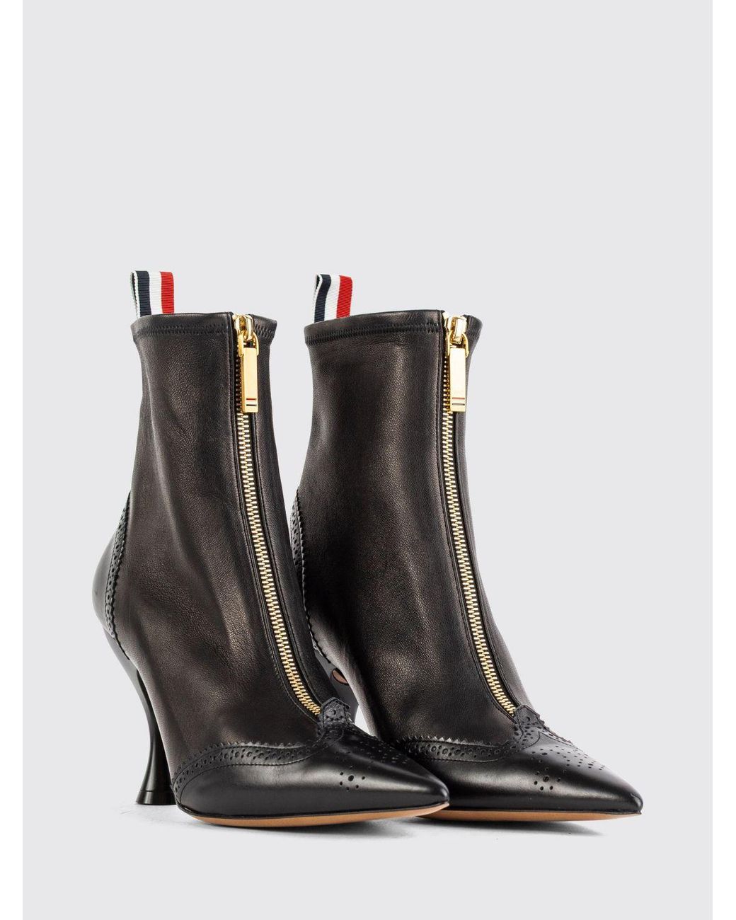 Thom Browne Black Wingtip Leather Ankle Boots With High Spool Heel And Rear Flag