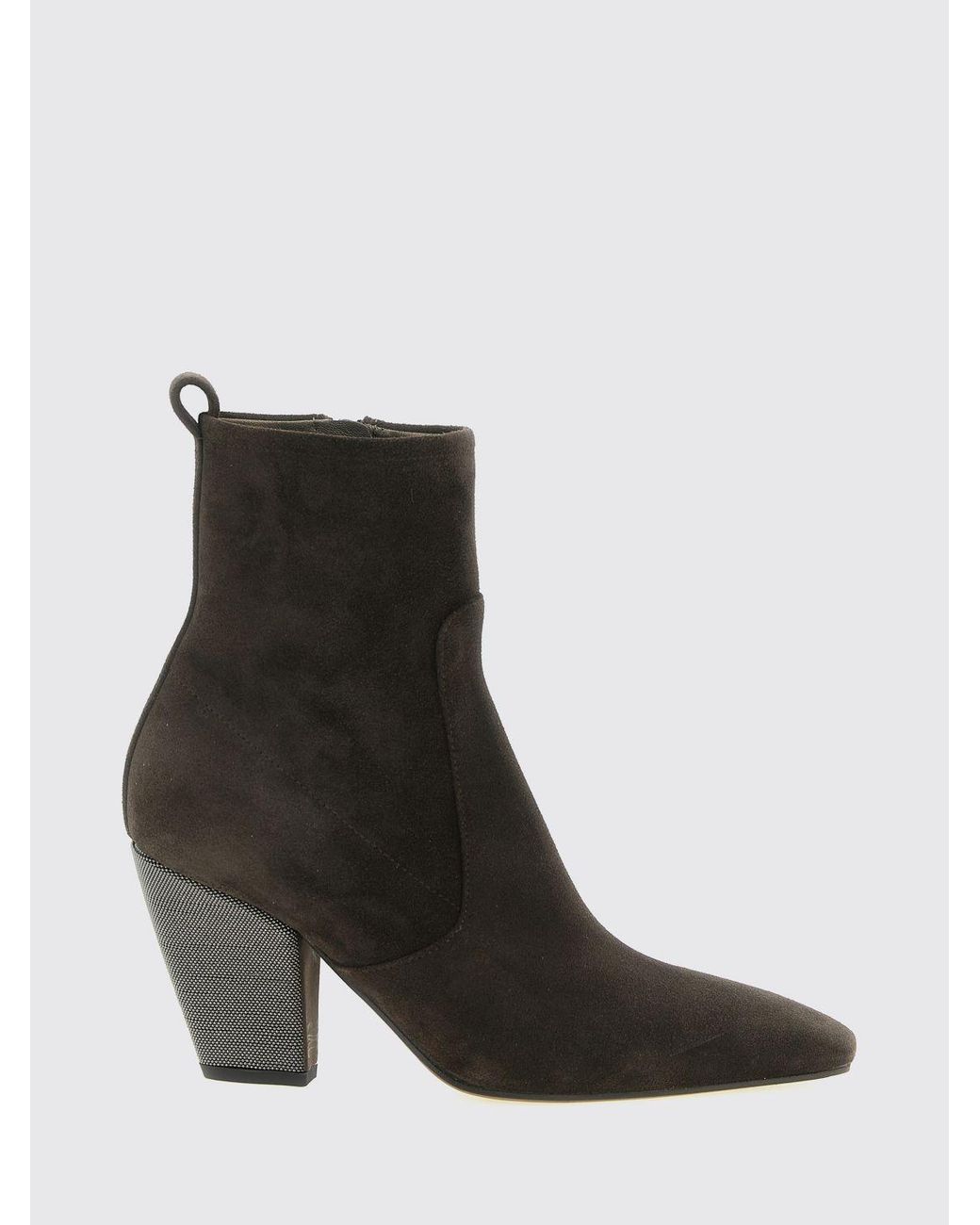 Brunello Cucinelli Black Suede Texan Ankle Boots With Flared High Heel