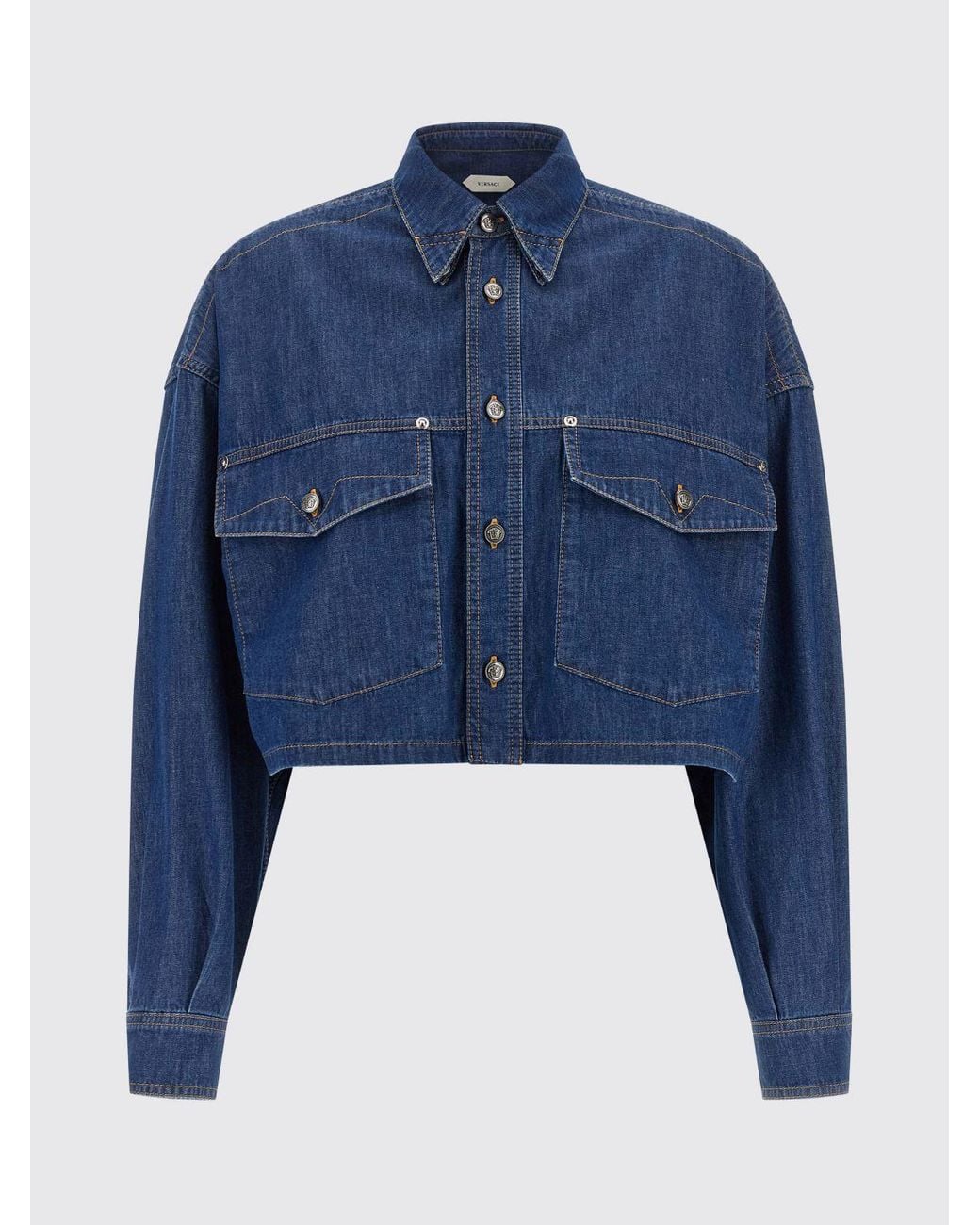 Versace Blue Relaxed Fit Chambray Denim Shirt With Dropped Shoulders And Patch Pockets