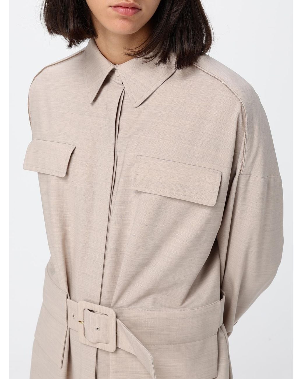 Fabiana Filippi Natural Wool-Blend Midi Chemisier Dress With Waist Belt