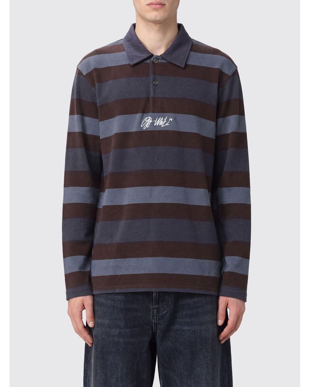Off-White c/o Virgil Abloh Blue Striped Cotton Long-Sleeved Polo Shirt With Logo for men