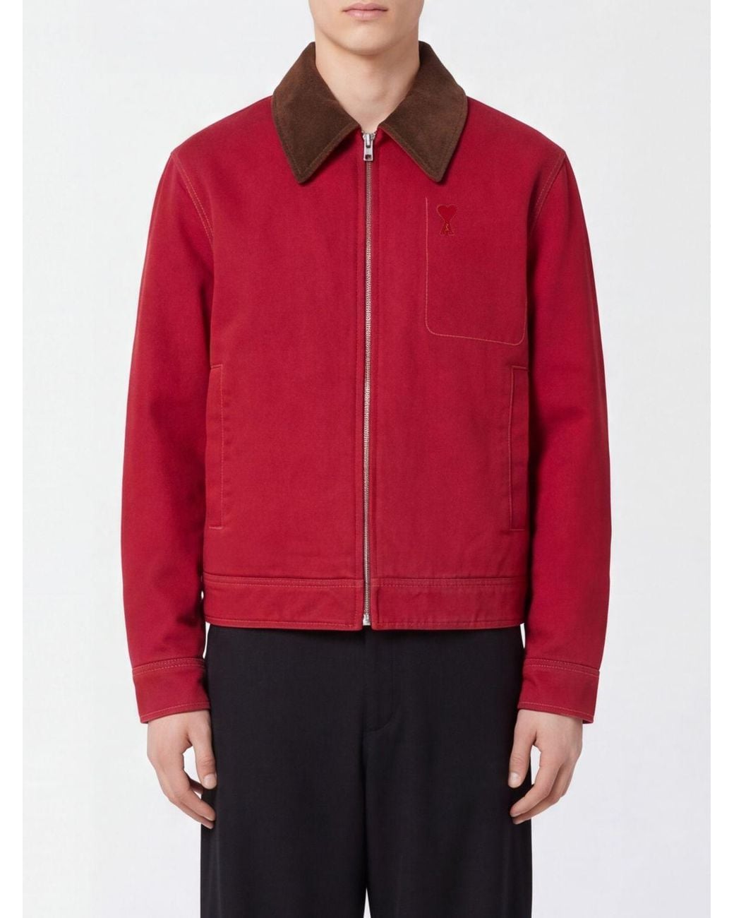 AMI Red Cotton Light Jacket With Corduroy Velvet Collar for men