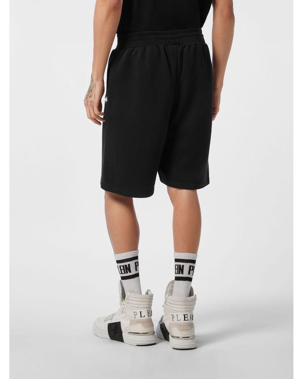 Philipp Plein Black Jersey Sport Shorts With Drawstring And Metallic Logo for men